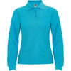 A women's long sleeve polo shirt in bright turquoise with a collar and three buttons, featuring a logo.