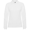A white long sleeve polo shirt with a collar and a logo on the chest.
