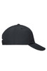 A black 6 Panel Coolmax® cap featuring a curved brim and an adjustable back strap. It has a logo on the side.