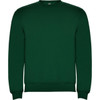 A green sweatshirt with a crew neckline and ribbed cuffs, featuring a logo on the neckline.