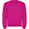A bright pink sweatshirt featuring a crew neckline and cuffs. It has a logo on the front.