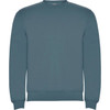 A blue sweatshirt featuring a simple design and a crew neck. It has a logo on the label.