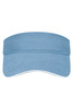 A blue sun visor with a wide brim and a smooth fabric finish, featuring a logo on the front.