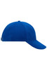 A blue six-panel cap with a curved brim and an adjustable strap at the back, featuring a logo.
