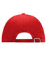 A red 6 panel softlining cap featuring an adjustable strap at the back and a branding logo.