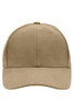 A beige 6-panel cap with a structured design and a round crown, featuring a logo on the front.