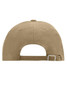 A tan 6 panel cap featuring a back adjustable strap and a logo on the side.