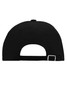 A black 6-panel raver cap featuring a rear adjustable strap and a button on top. It has a logo on the back.