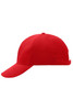 A red 6 panel cap with a rounded crown and a curved brim, featuring a logo on the front.