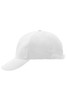 A white 6-panel cap with a curved brim and a branding logo on the side.