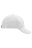 A white 6 panel raver cap with a curved brim and an adjustable strap at the back.