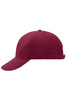 A maroon 6 panel cap with a curved brim and a logo on the front.