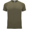 An olive green T-shirt with short sleeves and a crew neckline. It features a logo on the tag.