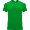 A green t-shirt with a round neckline and short sleeves. It features a logo on the label.