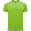A bright green T-shirt featuring a logo, suitable for casual wear.