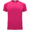 A vibrant pink T-shirt with short sleeves and a round neckline. It features a logo on the label.