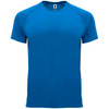 A blue T-shirt with short sleeves featuring a logo on the label. Smooth fabric texture and round neckline.