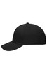 A black six-panel polyester cap featuring a curved peak and a logo on the front.