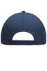 A navy blue 6 panel polyester cap featuring a rear opening and a ventilation eyelet. It includes a logo on the side.