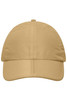 A tan six-panel cap with a curved brim and a logo on the front.