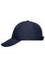 A navy blue cap with a curved brim and a logo on the side, featuring six panels for a structured fit.