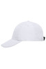 A white cap featuring a curved brim and an adjustable strap at the back, with a logo on the side.