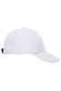 A white six-panel cap with a curved brim and an adjustable strap at the back. It features a logo.