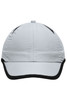 A white sports cap with black trim and a logo on the front, featuring a six-panel micro-edge design.