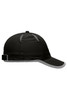 A black 6 panel micro-edge sports cap with a grey brim and a logo on the side.