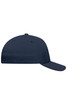 A navy blue flexfit cap featuring a curved brim and a fitted design. It has a branding logo on the side.