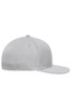 A grey Flexfit® Flat Peak Cap with a structured design and a flat brim, featuring a logo on the side.