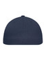A navy flat peak cap with a smooth surface and a small button on top. It features ventilation holes and has a logo.
