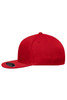 A red Flexfit® Flat Peak Cap featuring a flat peak and a logo.