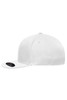 A white Flexfit® Flat Peak Cap with a flat brim and a logo. The cap has a smooth finish and no embellishments.