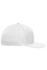 A white Flexfit® Flat Peak Cap with a curved brim and a fitted design. It features branding on the side.