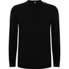 A black extreme long sleeve t-shirt with a crew neck and a branding logo on the neckline.