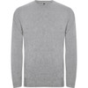 A grey long-sleeved t-shirt with a round neckline and a small logo at the collar.