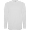 A white long-sleeved T-shirt with a round neck and a logo on the collar. Suitable for casual wear.
