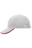 A grey cap with a curved brim and red trim, featuring a logo on the side.