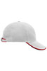 A grey cap with a contrasting red trim, featuring a curved brim and an adjustable strap at the back.