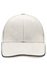 A beige cap featuring a dark trim and a curved brim, with a logo on the front.