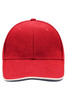 A red 6 panel double sandwich cap with a contrasting trim and a logo on the front.