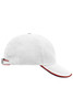 A white 6 panel cap with a red accent on the brim and a silver adjustable strap at the back.