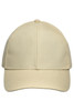 A beige six-panel cap with a structured design and an adjustable strap at the back. It features a logo.
