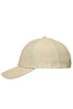 A beige six-panel baseball cap with a curved peak and a branded logo on the side.