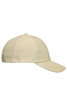 A light beige six-panel cap with a curved brim and an adjustable back. It features a logo.