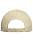 A beige 6 panel cap with an adjustable strap and a logo on the back.