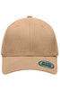 A tan 6 panel elastic fit baseball cap featuring a logo on the side.