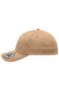 A beige 6 panel elastic fit baseball cap with a curved visor and a logo badge on the side.
