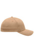 A beige 6 panel elastic fit baseball cap with a curved brim and a logo on the front.